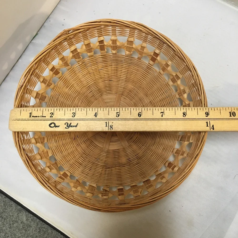 Woven Wicker Basket Home Decor 9in Tan Round Lattice Detail Cottagecore